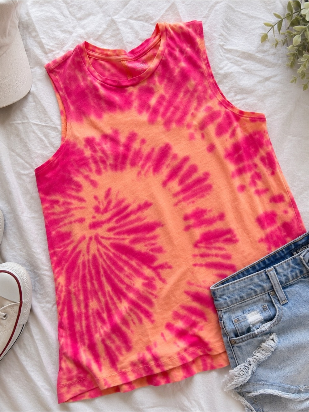 Athleta Girl Tie‎ Dye Sleeveless Tank Top XXL 16 Pink Peach Cotton Athletic
